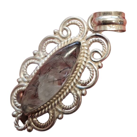 Vintage Rutilated Quartz Marquise Pendant 925 Sterling Silver Filigree - Picture 6 of 6